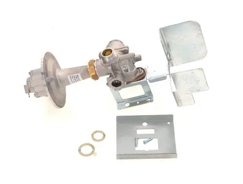 Gasarmatur von Bosch mit metallischem Gehäuse, mehreren Befestigungselementen und einem Anschluss für Gasleitungen. Komponenten in Standardgröße übersichtlich angeordnet.